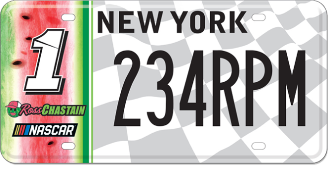 Custom license plate with Ross Chastain and NASCAR logos on the left side and checkered race flag background.