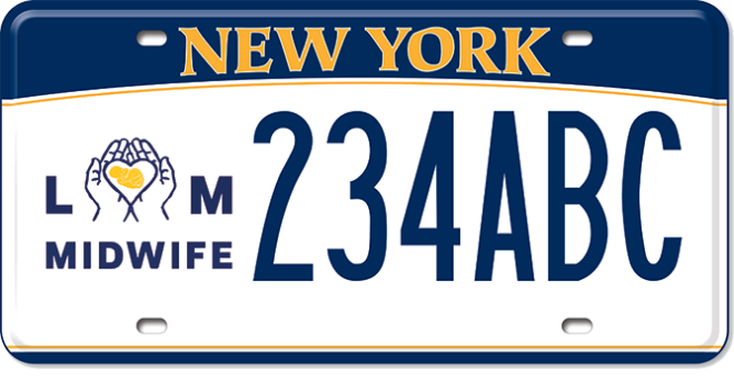 Midwife license plate with image of hands holding a baby