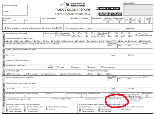 Sample MV-104P form with the Insurance Code field circled. The Insurance Code field is on the fifth line of the Unit 1: Registration section.